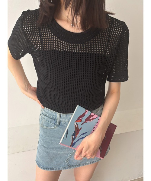 Miniministore(ミニミニストア)の「メッシュサマーニット レディース半袖 夏服半袖(Tシャツ/カットソー・レディース・ホワイト/ベージュ/ブラック・FREE)」の6枚目の写真