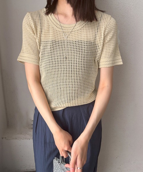 Miniministore(ミニミニストア)の「メッシュサマーニット レディース半袖 夏服半袖(Tシャツ/カットソー・レディース・ホワイト/ベージュ/ブラック・FREE)」の7枚目の写真