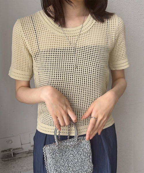 Miniministore(ミニミニストア)の「メッシュサマーニット レディース半袖 夏服半袖(Tシャツ/カットソー・レディース・ホワイト/ベージュ/ブラック・FREE)」の8枚目の写真