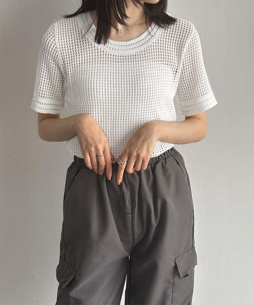Miniministore(ミニミニストア)の「メッシュサマーニット レディース半袖 夏服半袖(Tシャツ/カットソー・レディース・ホワイト/ベージュ/ブラック・FREE)」の11枚目の写真