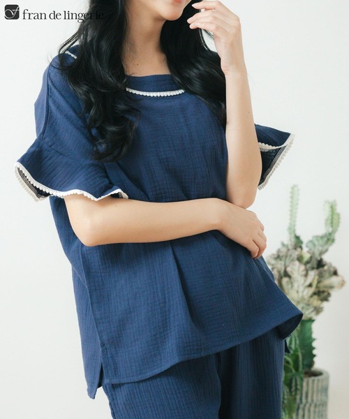 【セール】コットン100％のWガーゼ 肌に嬉しい綿100％のWガーゼのパジャマ。プレゼントにも。 「ふわリラガーゼ かぶり上下セット」 かぶり上下セット（ルームウェア/パジャマ）｜fran de lingerie（フランデランジェリー）