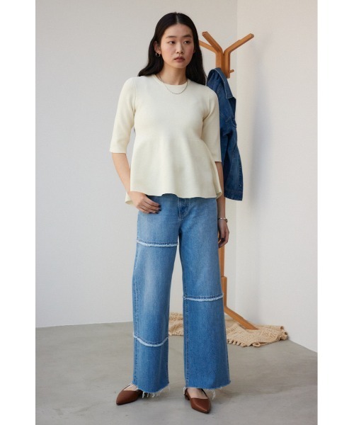 AZUL by moussy(アズールバイマウジー)の「ペプラム5分袖ニットトップス(ニット/セーター・レディース・アイボリー/ブラック/グリーン系その他・FREE)」の6枚目の写真