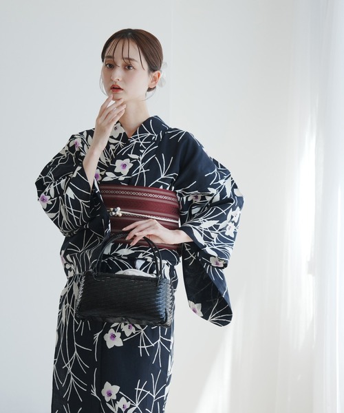セール】手染め注染浴衣3点セット utatane×注染工房 黒地に紫の