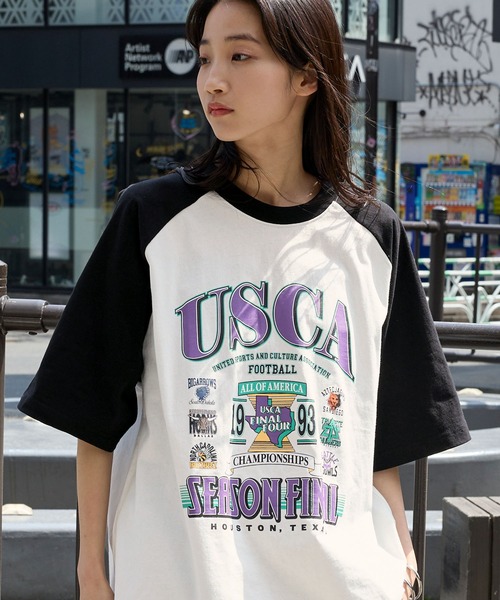MONO-MART(モノマート)の「ヴィンテージライクスポーツグラフィック ラグラン半袖Tシャツ(Tシャツ/カットソー・レディース・ネイビー系/ネイビー系2/ホワイト系/ブラック系/ブラック系2/チャコール/ワイン/ネイビー/ブラック・M/L)」の4枚目の写真