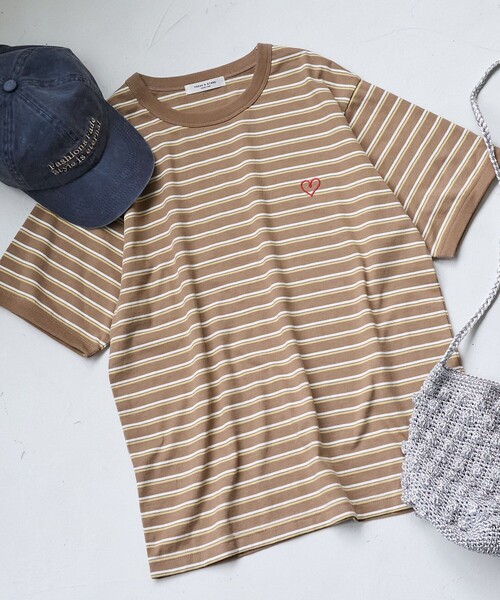 セール】ワンポイントハート刺繍 ボーダーリンガーTシャツ（T