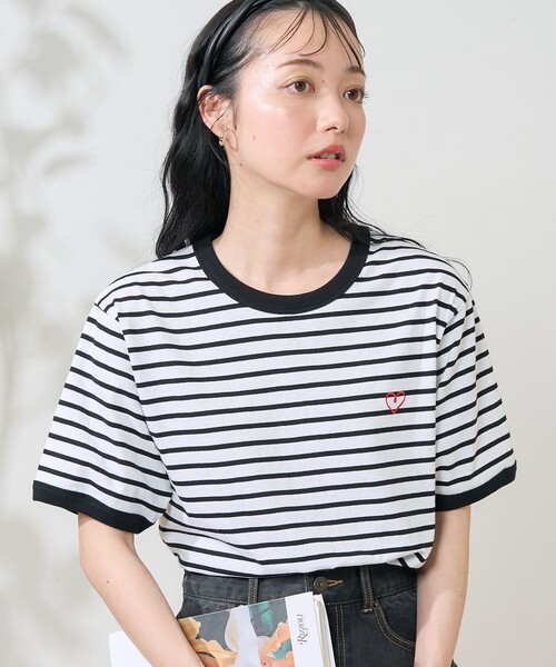 セール】ワンポイントハート刺繍 ボーダーリンガーTシャツ（T