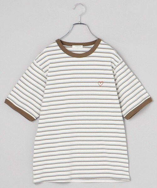 セール】ワンポイントハート刺繍 ボーダーリンガーTシャツ（T