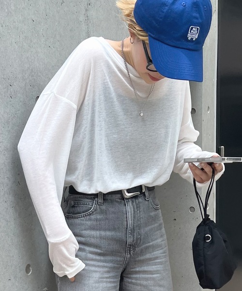 ABYS（アビス）の「【新色追加】スラブ調シアートップス（Tシャツ/カットソー・レディース・オフホワイト/ライトブルー/ピンク/杢グレー/ブルー/ブラック・FREE）」の2枚目の写真