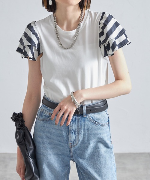 each(イーチ)の「フリルスリーブ切替Tシャツ(Tシャツ/カットソー・レディース・ホワイト×ブラック/ブラック/ホワイト・FREE)」の3枚目の写真