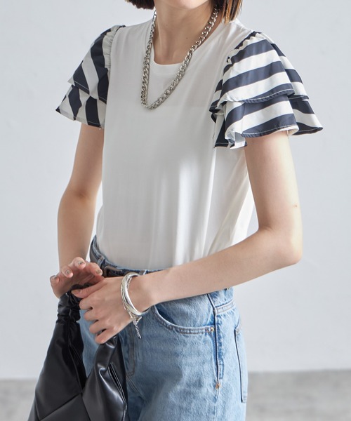 each(イーチ)の「フリルスリーブ切替Tシャツ(Tシャツ/カットソー・レディース・ホワイト×ブラック/ブラック/ホワイト・FREE)」の19枚目の写真