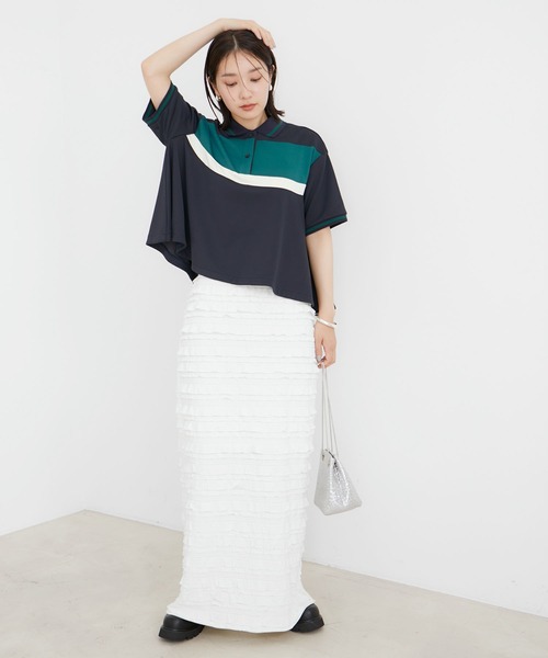 VIS（ビス）の「【洗える】裾フレアポロトップス（ポロシャツ・レディース・ブルー系その他/ベージュ系その他・FREE）」の4枚目の写真