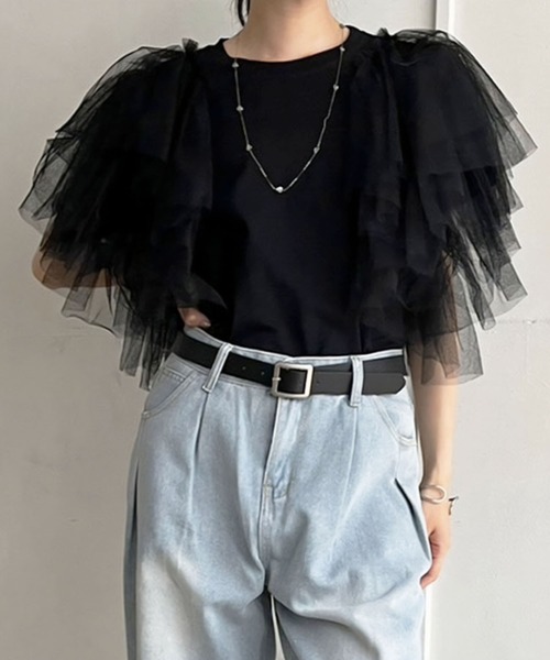 Jewelobe(ジュエローブ)の「ボリュームチュールラッフルTシャツ(Tシャツ/カットソー・レディース・ホワイト/ブラック・FREE)」の11枚目の写真