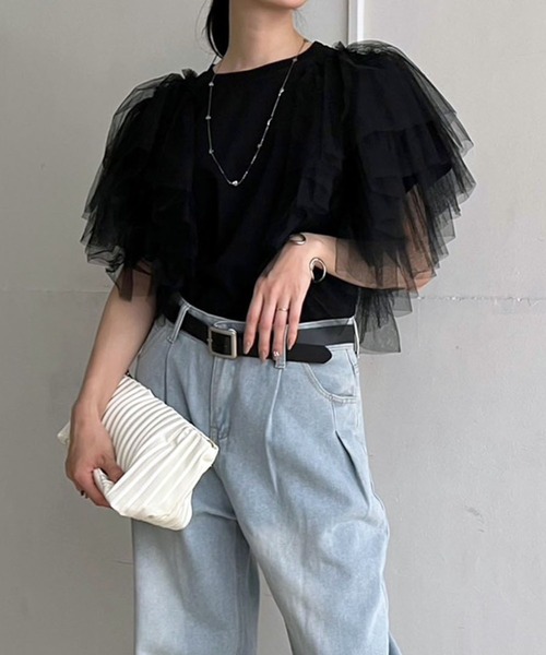 Jewelobe(ジュエローブ)の「ボリュームチュールラッフルTシャツ(Tシャツ/カットソー・レディース・ホワイト/ブラック・FREE)」の13枚目の写真