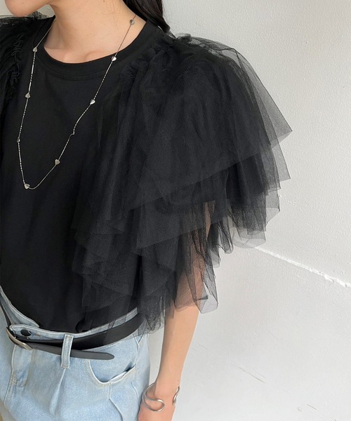 Jewelobe(ジュエローブ)の「ボリュームチュールラッフルTシャツ(Tシャツ/カットソー・レディース・ホワイト/ブラック・FREE)」の14枚目の写真