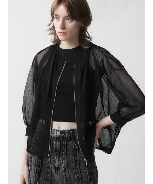 :ETHROF(イーサオブ)の「SHEER KNIT CARDIGAN(カーディガン/ボレロ・レディース・グレー/ブラック・MEDIUM)」の2枚目の写真