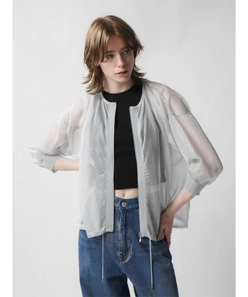 :ETHROF(イーサオブ)の「SHEER KNIT CARDIGAN(カーディガン/ボレロ・レディース・グレー/ブラック・MEDIUM)」の4枚目の写真