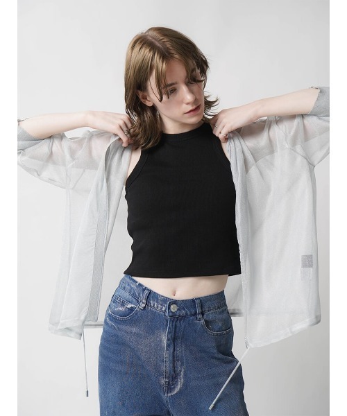:ETHROF(イーサオブ)の「SHEER KNIT CARDIGAN(カーディガン/ボレロ・レディース・グレー/ブラック・MEDIUM)」の6枚目の写真