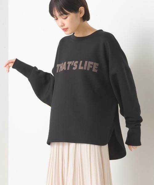 OMNES(オムネス)の「ソフトダンボールニットフロッキープリントプルオーバー(Tシャツ/カットソー・レディース・チャコール/グレイッシュベージュ/モカ/オフホワイト/ブラック・FREE)」の3枚目の写真