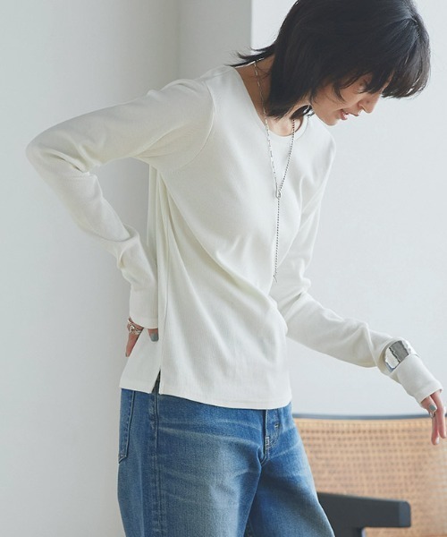 RASW（ラス）の「[RASW]機能付きテレコUネックカットソー（Tシャツ/カットソー・レディース・ブラック/オフホワイト/チャコール/オートミール・M/L）」の6枚目の写真