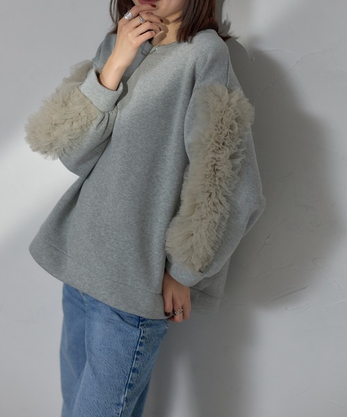 each（イーチ）の「チュールスリーブ裏起毛クロップドスウェット（スウェット・レディース・ブラック/ライトグレー/グレー・FREE）」の22枚目の写真