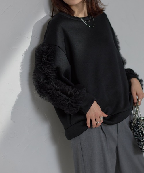 each（イーチ）の「チュールスリーブ裏起毛クロップドスウェット（スウェット・レディース・ブラック/ライトグレー/グレー・FREE）」の17枚目の写真