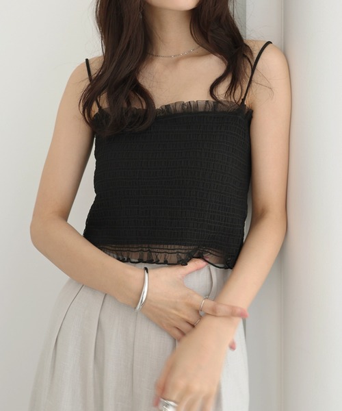 Freesia by andme(フリージアバイアンドミー)の「カップ付きチュールシャーリングショート丈キャミソール(キャミソール・レディース・オフホワイト/ブラック/ピンク/アイボリー・M)」の19枚目の写真