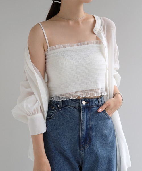 Freesia by andme(フリージアバイアンドミー)の「カップ付きチュールシャーリングショート丈キャミソール(キャミソール・レディース・オフホワイト/ブラック/ピンク/アイボリー・M)」の10枚目の写真