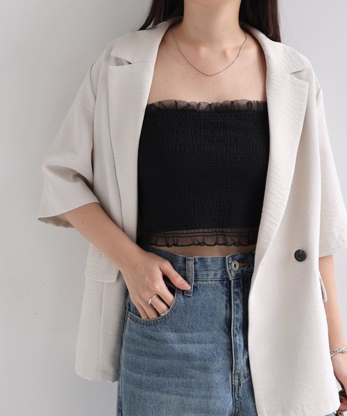 Freesia by andme(フリージアバイアンドミー)の「カップ付きチュールシャーリングショート丈キャミソール(キャミソール・レディース・オフホワイト/ブラック/ピンク/アイボリー・M)」の15枚目の写真