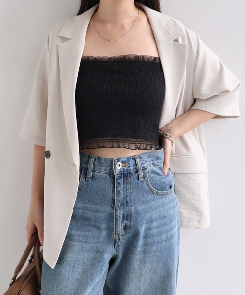 Freesia by andme(フリージアバイアンドミー)の「カップ付きチュールシャーリングショート丈キャミソール(キャミソール・レディース・オフホワイト/ブラック/ピンク/アイボリー・M)」の12枚目の写真
