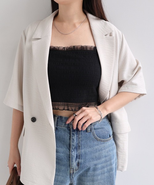 Freesia by andme(フリージアバイアンドミー)の「カップ付きチュールシャーリングショート丈キャミソール(キャミソール・レディース・オフホワイト/ブラック/ピンク/アイボリー・M)」の13枚目の写真