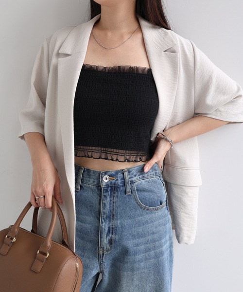 Freesia by andme(フリージアバイアンドミー)の「カップ付きチュールシャーリングショート丈キャミソール(キャミソール・レディース・オフホワイト/ブラック/ピンク/アイボリー・M)」の14枚目の写真