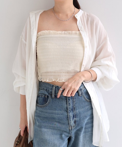 Freesia by andme(フリージアバイアンドミー)の「カップ付きチュールシャーリングショート丈キャミソール(キャミソール・レディース・オフホワイト/ブラック/ピンク/アイボリー・M)」の20枚目の写真