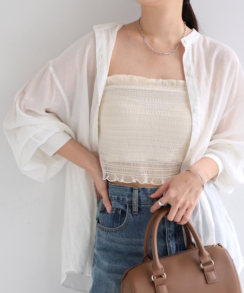 Freesia by andme(フリージアバイアンドミー)の「カップ付きチュールシャーリングショート丈キャミソール(キャミソール・レディース・オフホワイト/ブラック/ピンク/アイボリー・M)」の21枚目の写真
