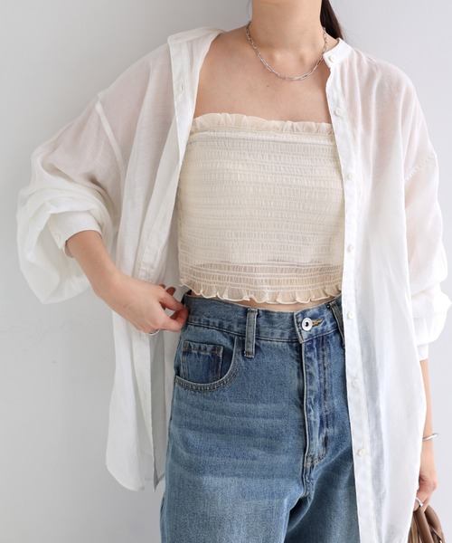 Freesia by andme(フリージアバイアンドミー)の「カップ付きチュールシャーリングショート丈キャミソール(キャミソール・レディース・オフホワイト/ブラック/ピンク/アイボリー・M)」の22枚目の写真