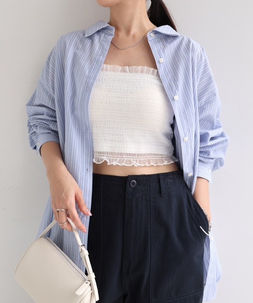 Freesia by andme(フリージアバイアンドミー)の「カップ付きチュールシャーリングショート丈キャミソール(キャミソール・レディース・オフホワイト/ブラック/ピンク/アイボリー・M)」の7枚目の写真
