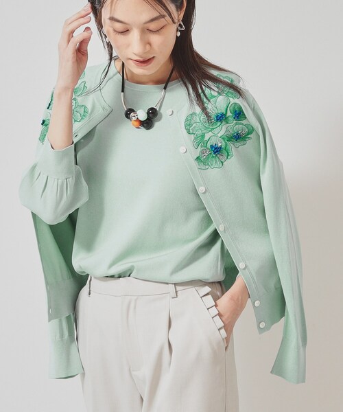 Sunauna（スーナウーナ）の「◆【SS～Lサイズ展開／リボン＆ビーズ刺繍】クラフトニットカーディガン（カーディガン/ボレロ・レディース・ライトグリーン/ライトグレー/ネイビー・34/40/38）」の12枚目の写真