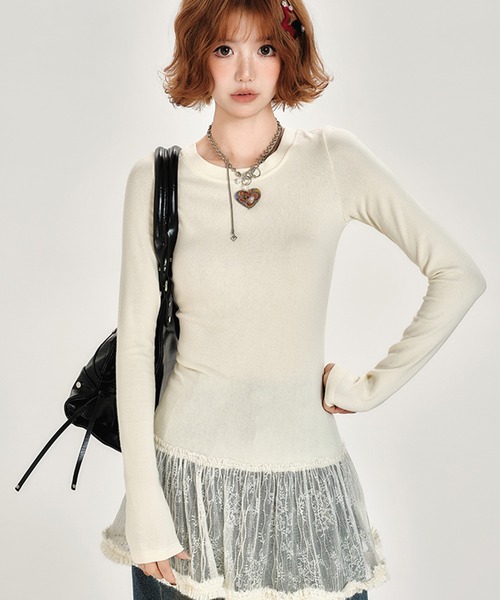 goa カットソー シアーレースヘム クルーネックカットソー GH25s042【Girlyhalo
