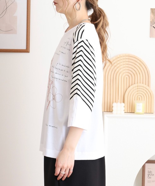 BRODIAEA ボーダー切り替えカットソー 刺繍5分袖Tシャツ（T