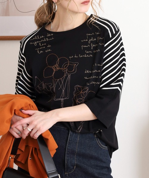 ブローディア BRODIAEA ミラクルウェーブ マルチカラーストライプ切り替え半袖Tシャツ （モスグリーン） ブローディア BRODIAEA ミラクルウェーブ マルチカラー