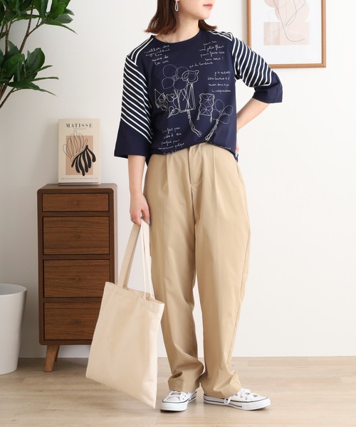 BRODIAEA ボーダー切り替えカットソー 刺繍5分袖Tシャツ（T