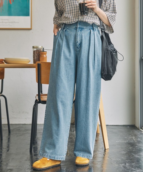 ハイウエスト タック ワイド ストレート デニムパンツ（デニムパンツ