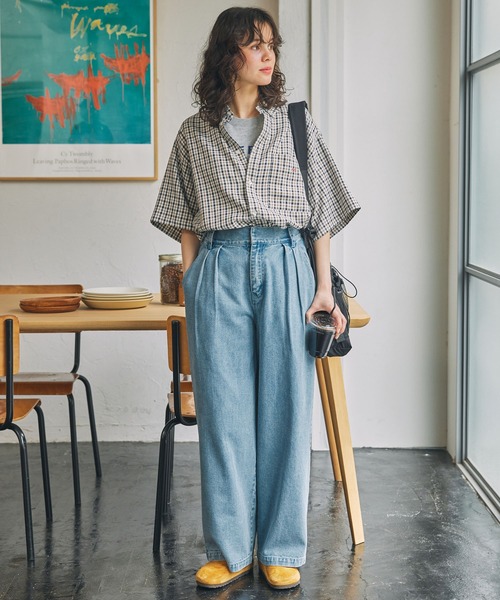 ハイウエスト タック ワイド ストレート デニムパンツ（デニムパンツ