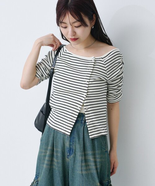 Kastane（カスタネ）の「【新色追加/XS.Fサイズ展開/無地&ボーダー】オフショルテレコ5分袖カットソー（Tシャツ/カットソー・レディース・アイボリー/ブラック系その他/チャコールグレー/ホワイト/ピンク・FREE/X-SMALL）」の6枚目の写真