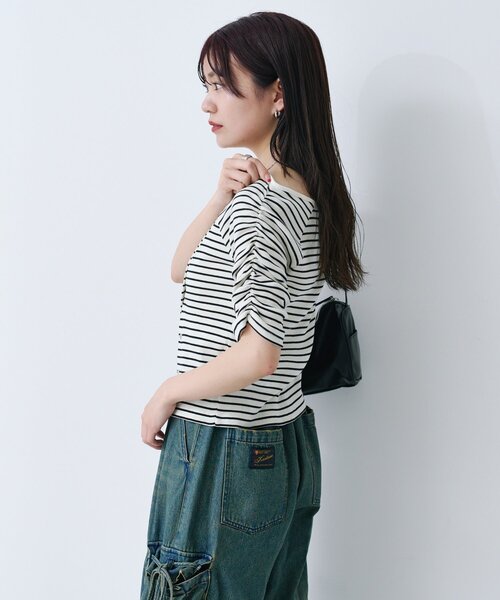 Kastane（カスタネ）の「【新色追加/XS.Fサイズ展開/無地&ボーダー】オフショルテレコ5分袖カットソー（Tシャツ/カットソー・レディース・アイボリー/ブラック系その他/チャコールグレー/ホワイト/ピンク・FREE/X-SMALL）」の7枚目の写真