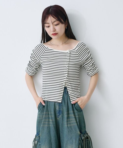 Kastane（カスタネ）の「【新色追加/XS.Fサイズ展開/無地&ボーダー】オフショルテレコ5分袖カットソー（Tシャツ/カットソー・レディース・アイボリー/ブラック系その他/チャコールグレー/ホワイト/ピンク・FREE/X-SMALL）」の8枚目の写真