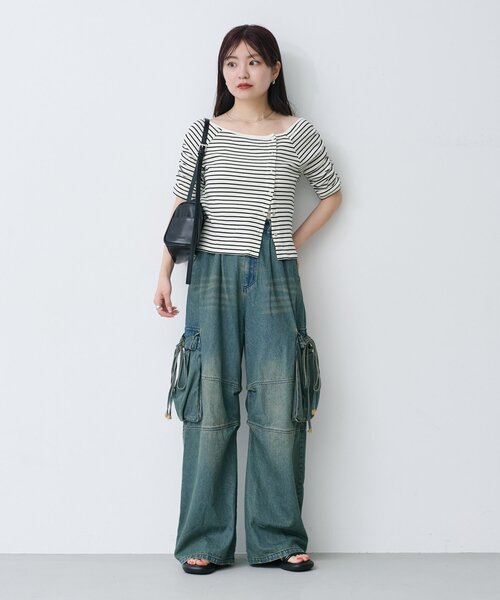 Kastane（カスタネ）の「【新色追加/XS.Fサイズ展開/無地&ボーダー】オフショルテレコ5分袖カットソー（Tシャツ/カットソー・レディース・アイボリー/ブラック系その他/チャコールグレー/ホワイト/ピンク・FREE/X-SMALL）」の9枚目の写真