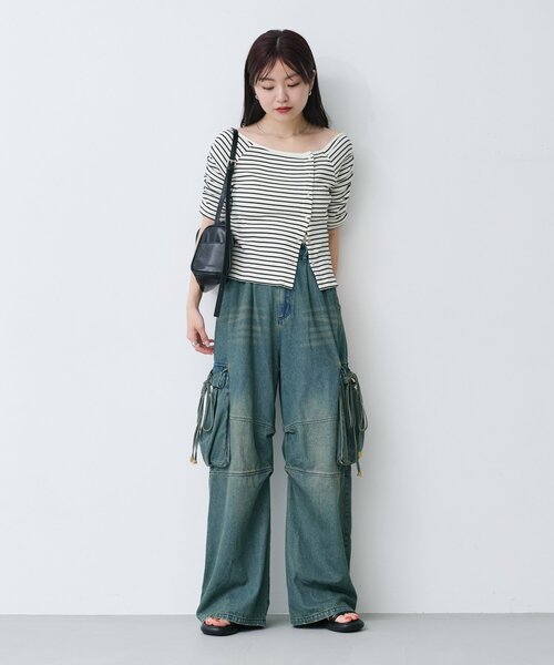 Kastane（カスタネ）の「【新色追加/XS.Fサイズ展開/無地&ボーダー】オフショルテレコ5分袖カットソー（Tシャツ/カットソー・レディース・アイボリー/ブラック系その他/チャコールグレー/ホワイト/ピンク・FREE/X-SMALL）」の10枚目の写真