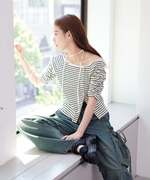 Kastane（カスタネ）の「【新色追加/XS.Fサイズ展開/無地&ボーダー】オフショルテレコ5分袖カットソー（Tシャツ/カットソー・レディース・アイボリー/ブラック系その他/チャコールグレー/ホワイト/ピンク・FREE/X-SMALL）」の16枚目の写真