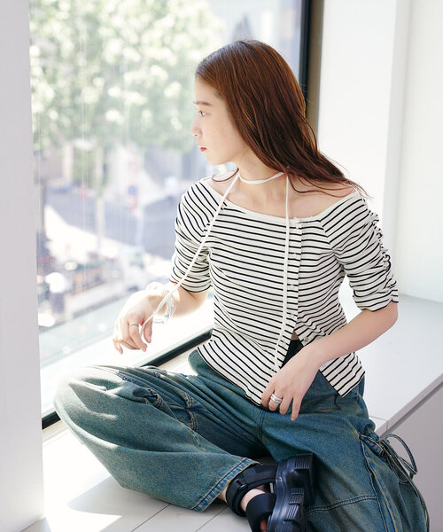 Kastane（カスタネ）の「【新色追加/XS.Fサイズ展開/無地&ボーダー】オフショルテレコ5分袖カットソー（Tシャツ/カットソー・レディース・アイボリー/ブラック系その他/チャコールグレー/ホワイト/ピンク・FREE/X-SMALL）」の17枚目の写真