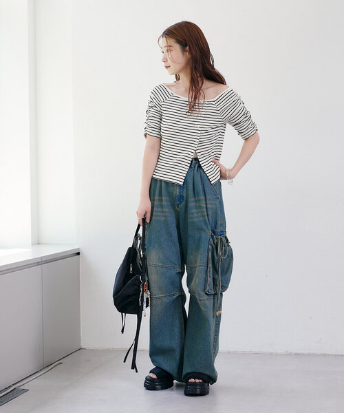 Kastane（カスタネ）の「【新色追加/XS.Fサイズ展開/無地&ボーダー】オフショルテレコ5分袖カットソー（Tシャツ/カットソー・レディース・アイボリー/ブラック系その他/チャコールグレー/ホワイト/ピンク・FREE/X-SMALL）」の19枚目の写真